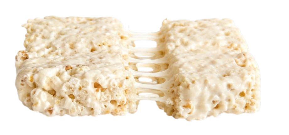 A Pop Crispies treat pulled apart with a marshmallow stretch