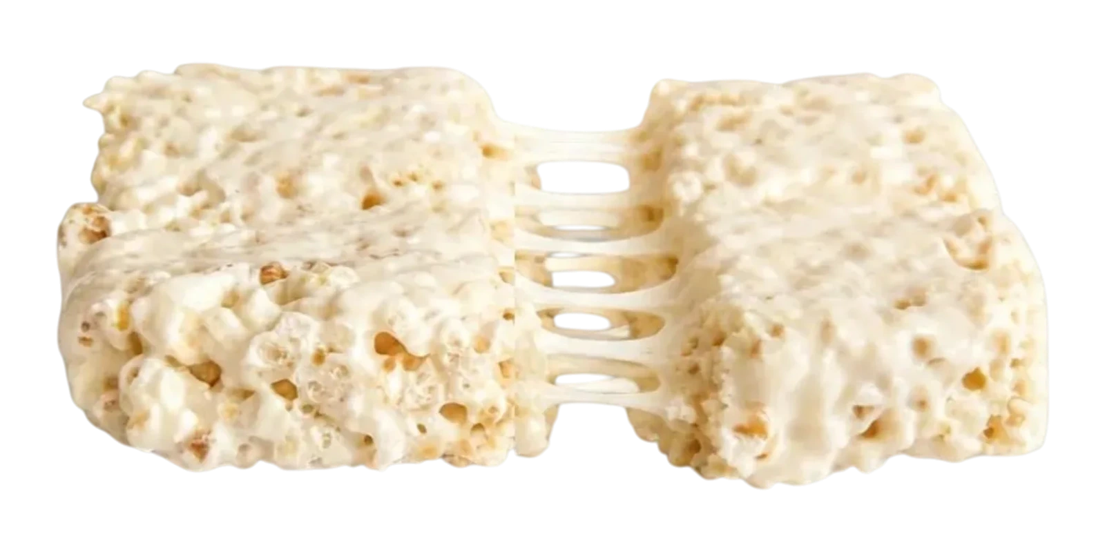A Pop Crispies bar pulled apart with a marshmallow stretch
